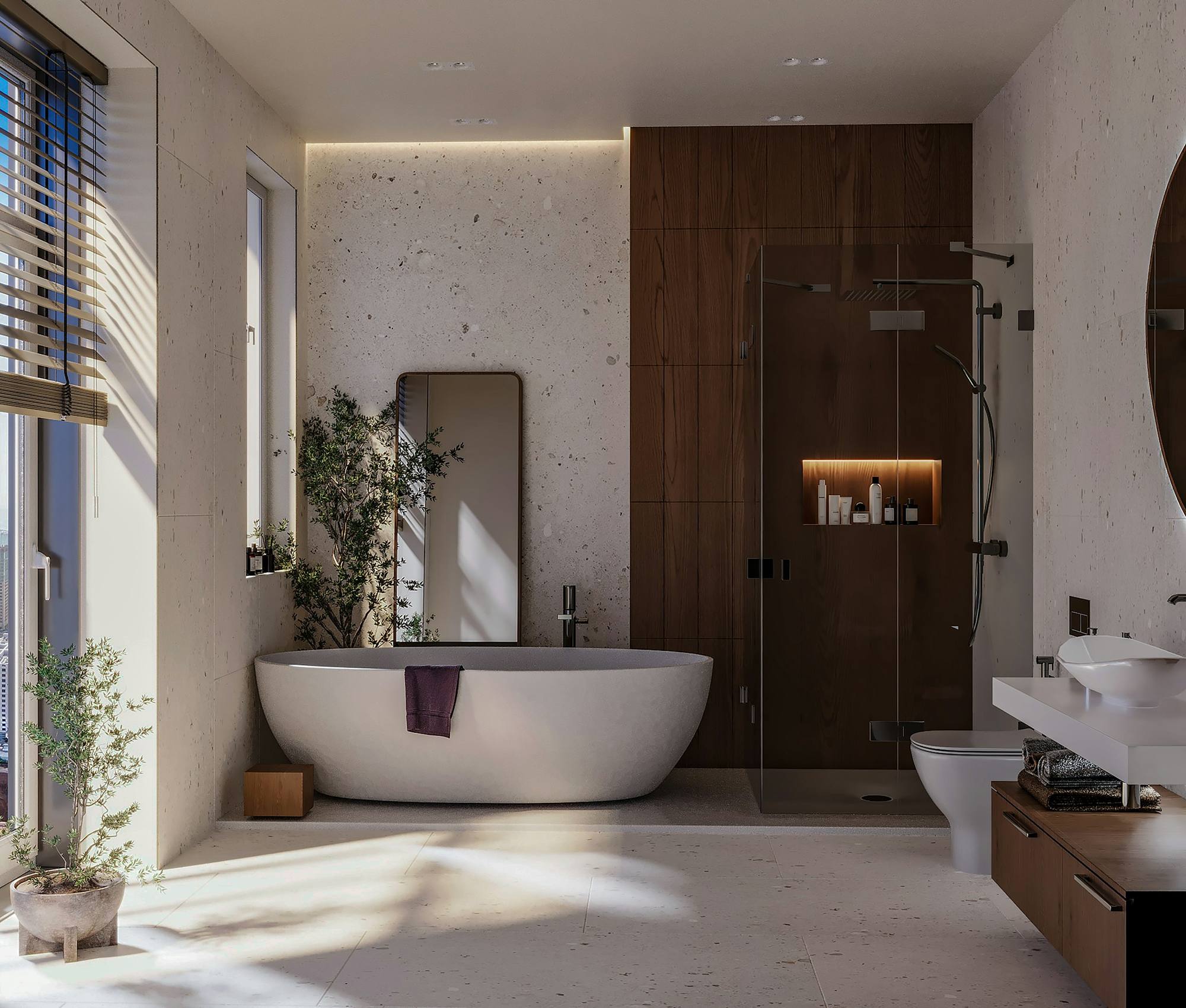 Helles, modernes Badezimmer mit freistehender Wanne und großen Fenstern